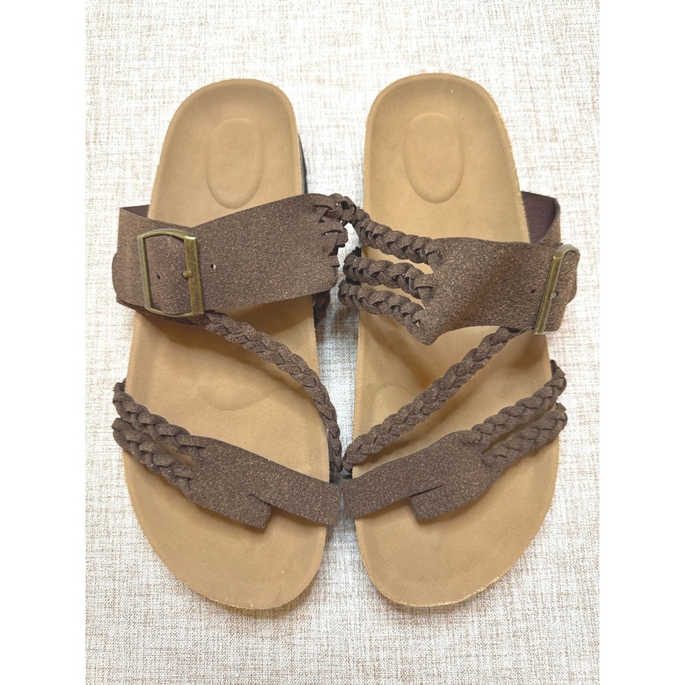 Womens Brown Braided Multi Strap Cork Footbed Sandals Boho Slide Size 9-9.5